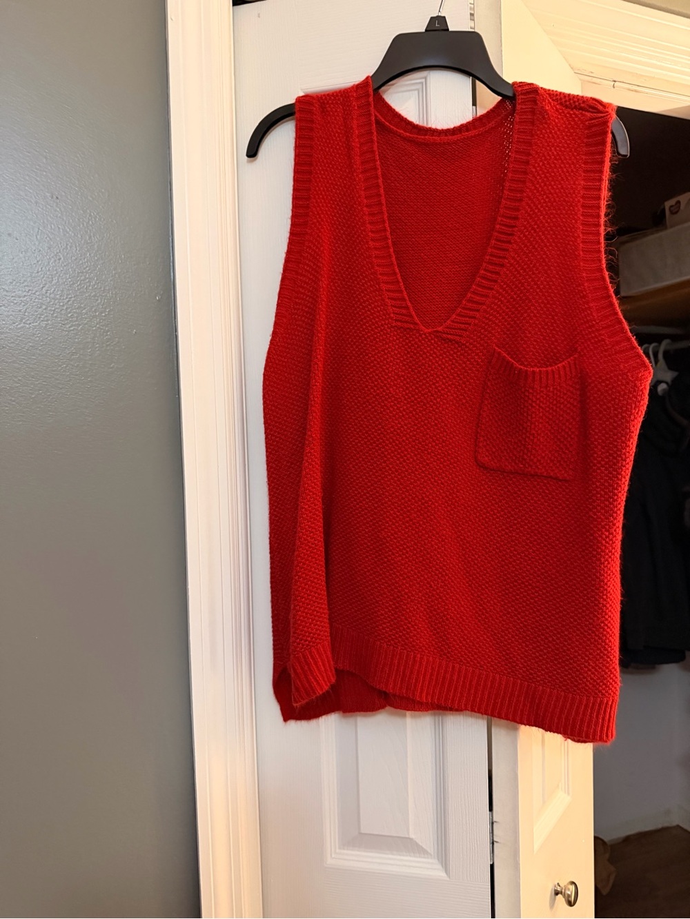 SHEIN Red V-Neck Knit Sweater Vest with Pocket